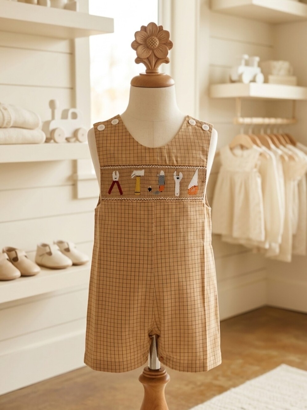 Mom & Me Brown Plaid Smocked Tools Jon Jon – Sizes  18M